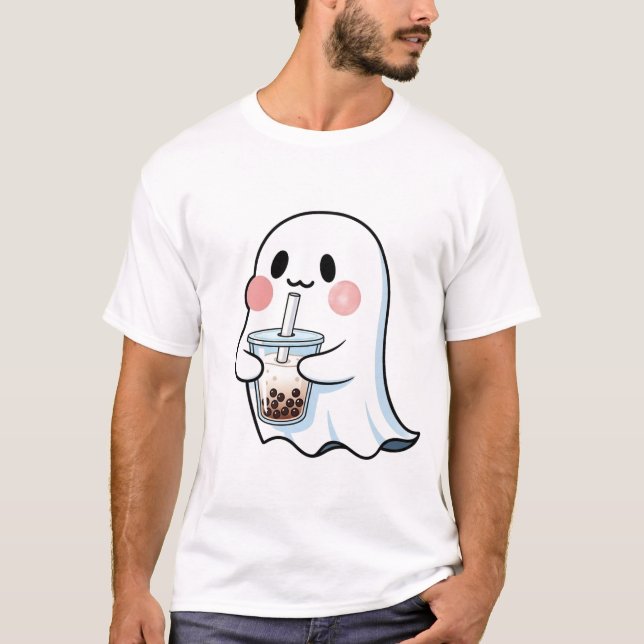 Cute Ghost Holding Boba Tea Bubble Tea Kawaii  T-Shirt (Front)
