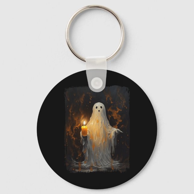 Cute Ghost Holding Candle Fun Halloween Gothic Vin Keychain (Front)