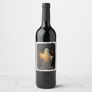 Cute Ghost Holding Candle Funny Halloween Gothic V Wine Label