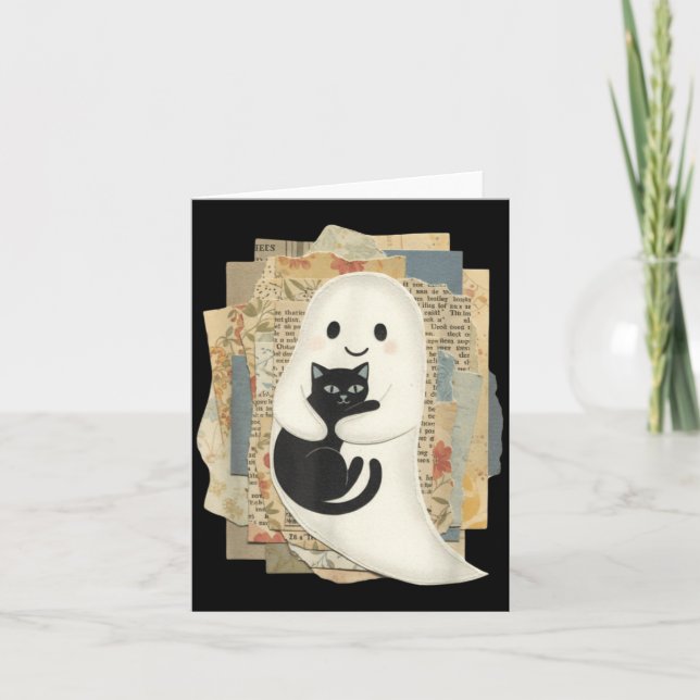 Cute Ghost Hugging Black Cat Halloween Card (Front)
