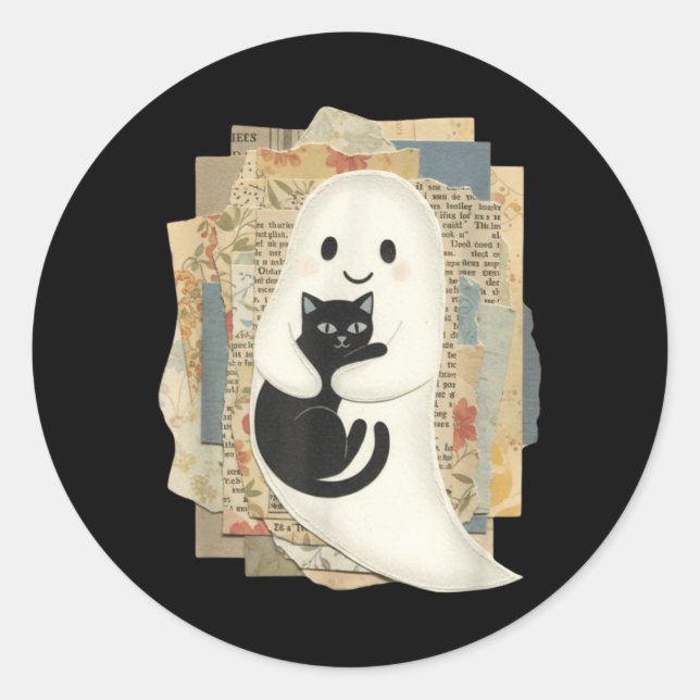 Cute Ghost Hugging Black Cat Halloween Classic Round Sticker (Front)