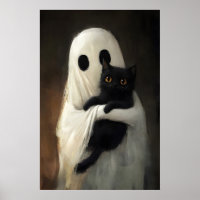 Cute Ghost Hugs Black Cat Print, Digital Halloween