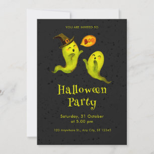 Cute Ghost Illustrative Boo Black Halloween Party  Invitation