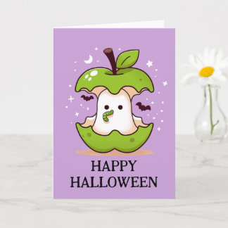 Cute Ghost In Apple With Worm Purple Halloween Card