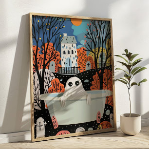 Cute Ghost in Bathtub 3D Halloween Bathroom  Poster