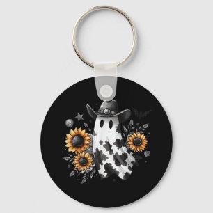 Cute Ghost In Cowboy Hat With Sunflowers Western H Keychain