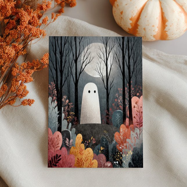 Cute Ghost in Haunted Forest Watercolor Halloween  Postcard (Creator Uploaded)