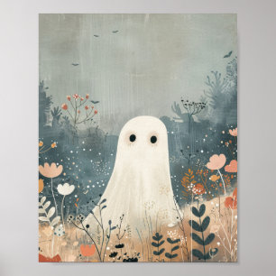 Cute Ghost in Meadows Whimsical Halloween Nursery Poster