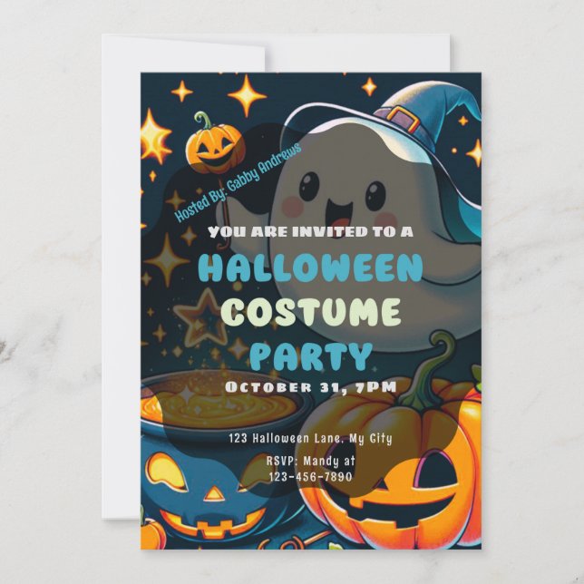 Cute Ghost Jack-O' lantern stars Pink Halloween Invitation (Front)
