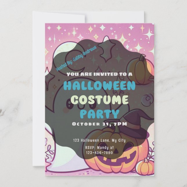 Cute Ghost Jack-O' lantern stars Pink Halloween Invitation (Front)
