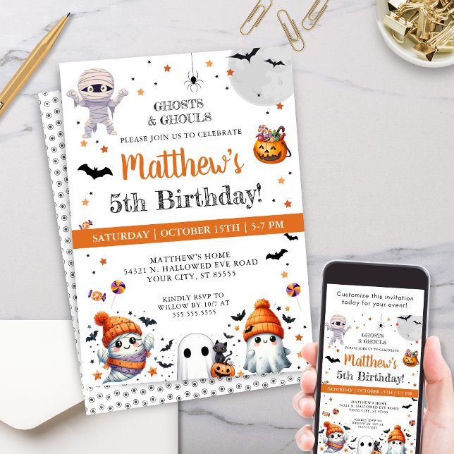 Cute Ghost Kids Boys Halloween Birthday Party Invitation (Personalized halloween birthday party invitations for any age boy girls or costume party invites)