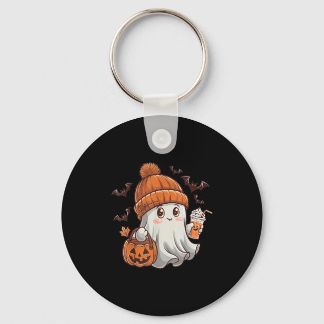 Cute Ghost Lace Toddler Ghost Pumpkin Ice Coffee H Keychain (Front)