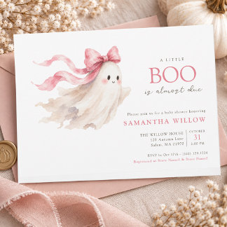 Cute Ghost Little Boo Pink Bow Baby Girl Shower Invitation