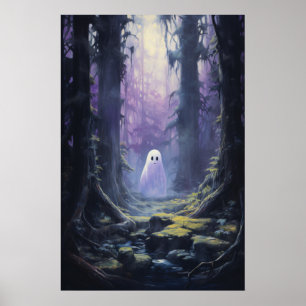 Cute Ghost Lost in Spooky Forest Poster