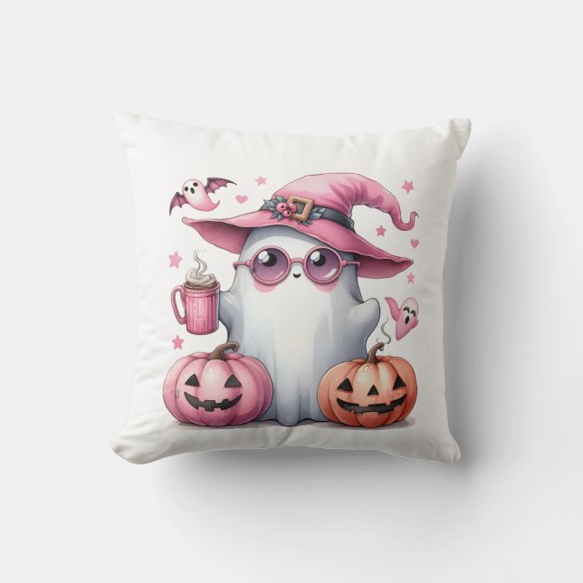 cute ghost loves coffee cute ghost throw pillow (Front)