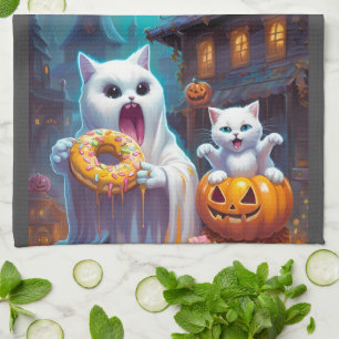 Cute Ghost N Kitten, Pumpkin and Doughnut Kitchen Towel