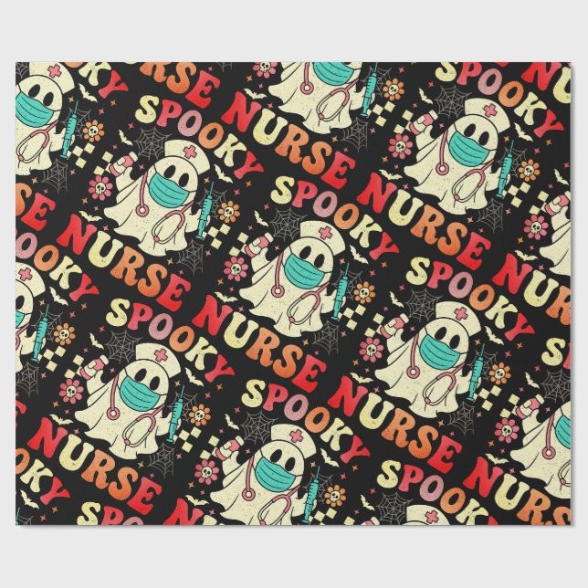 Cute Ghost Nurse Halloween Graphic Retro Pastels Wrapping Paper (Flat)