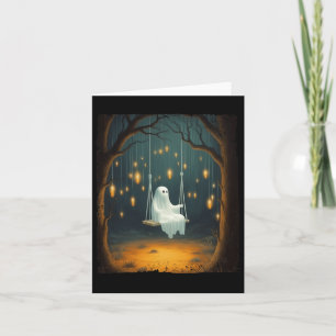 Cute Ghost On A Swing Fall Forest Funny Halloween Card