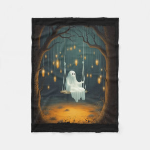 Cute Ghost On A Swing Fall Forest Funny Halloween Fleece Blanket