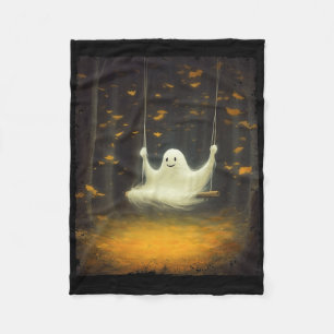 Cute Ghost On A Swing Fall Forest Funny Halloween Fleece Blanket