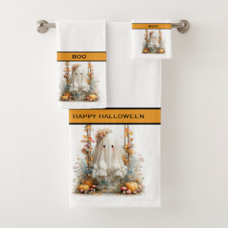 Cute Ghost on Autumn Swing Halloween Bath Towel Set