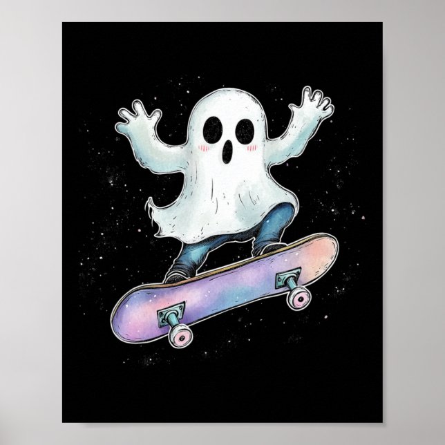 Cute Ghost On Skateboard Funny Halloween Skater  Poster (Front)