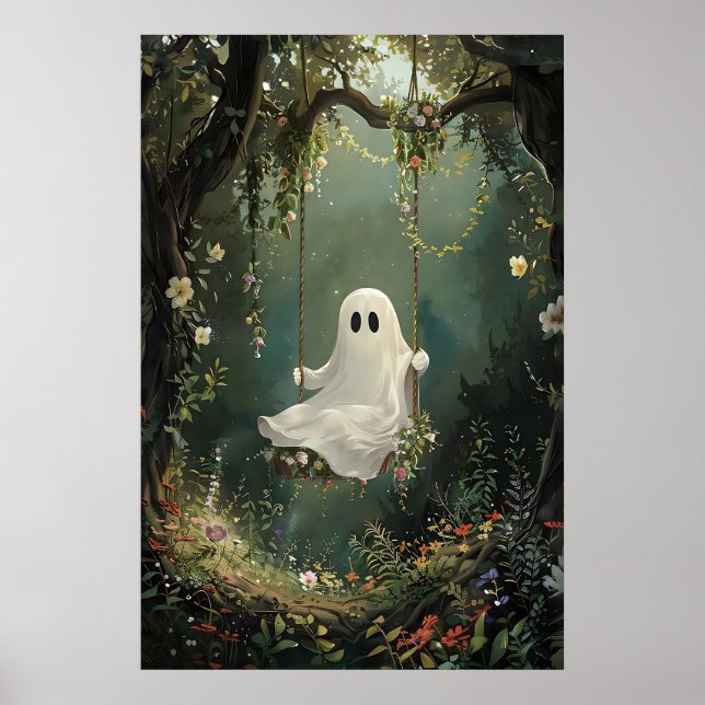 Cute ghost on swing in green flower forest print (Front)
