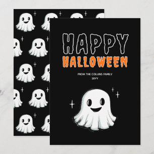 Cute Ghost Orange and Black Spooky Happy Halloween Holiday Card