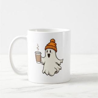 Cute Ghost Orange Beanie Hot Coffee Cup Fall Hallo