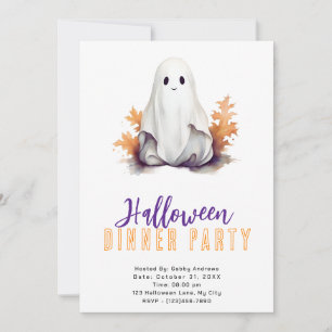 Cute Ghost Orange Leaves Halloween Dinner Party Invitation