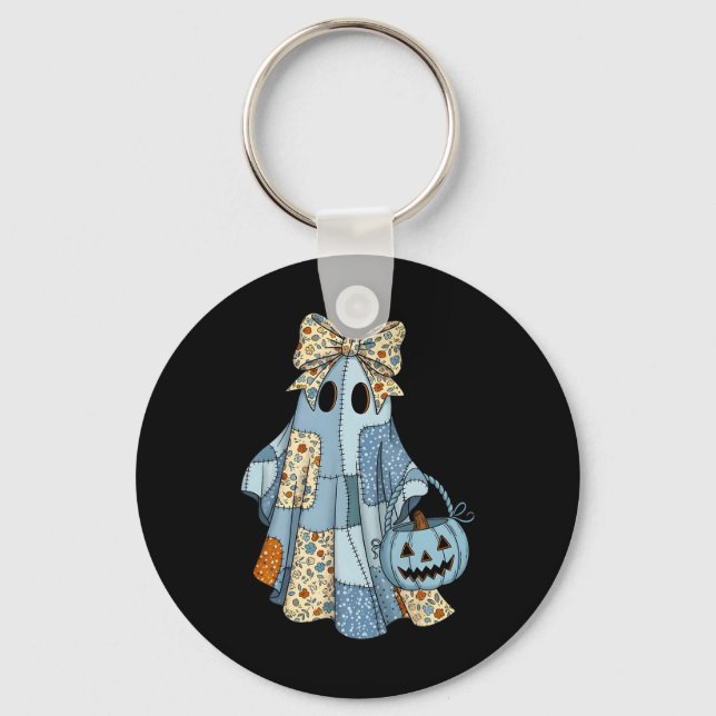 Cute Ghost Patchwork Coquette Bow Halloween Costum Keychain (Front)