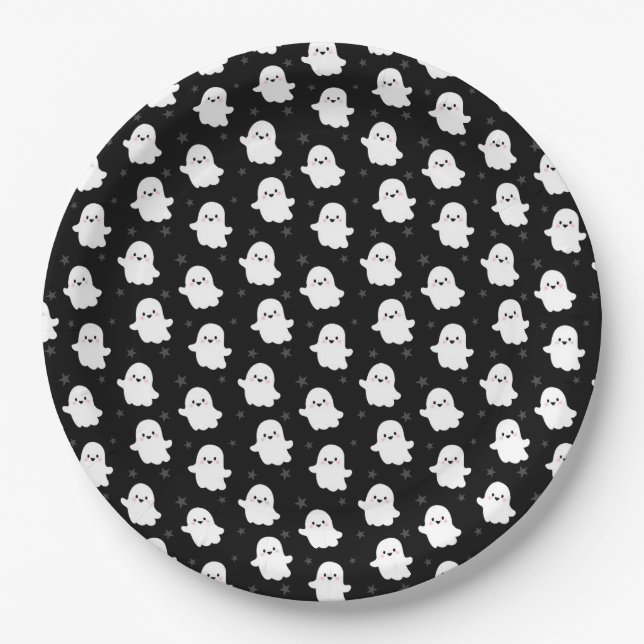 Cute Ghost Pattern – Halloween Seamless Design Paper Plate (Front)