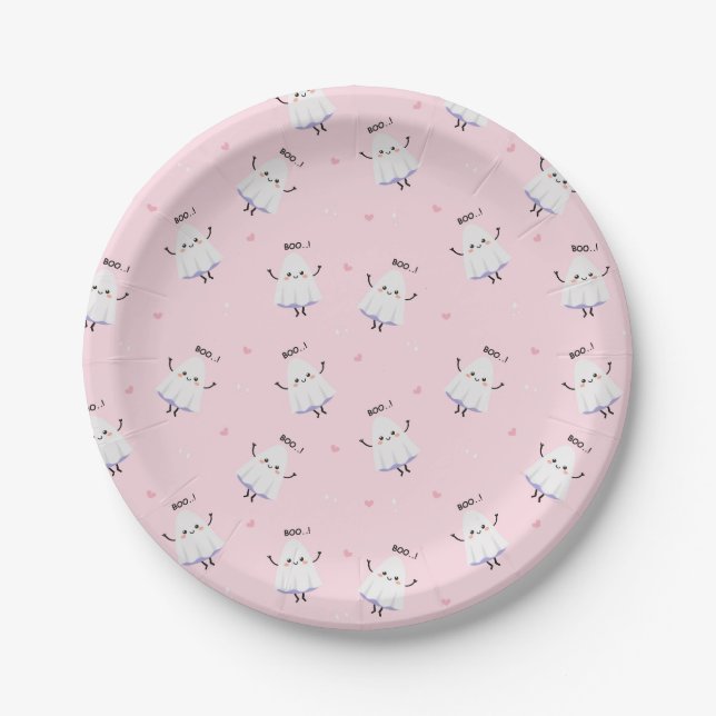 Cute Ghost Pattern on Pink Background Paper Plate (Front)