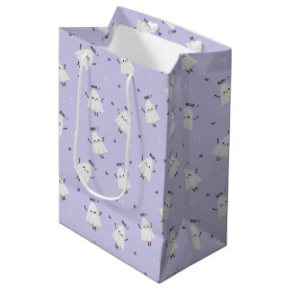 Cute Ghost Pattern with "Boo!" Text on Lavender Medium Gift Bag