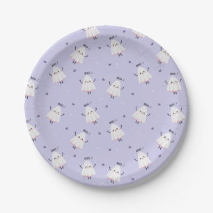 Cute Ghost Pattern with "Boo!" Text on Lavender Paper Plate