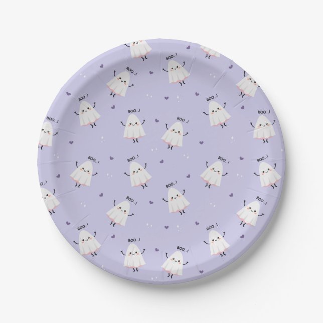 Cute Ghost Pattern with "Boo!" Text on Lavender Paper Plate (Front)