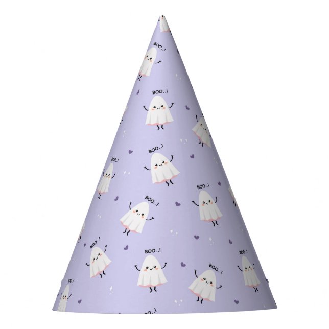 Cute Ghost Pattern with "Boo!" Text on Lavender Party Hat (Front)