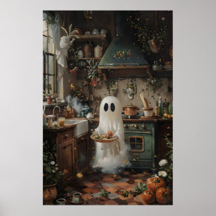 Cute Ghost Preparing To Eat Print, Floral Kitchen Poster