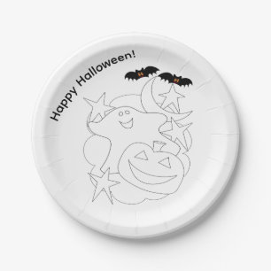 Cute Ghost Pumpkin Bats Color Me Halloween Paper Plate