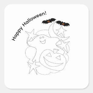 Cute Ghost Pumpkin Bats Color Me Halloween Square Sticker