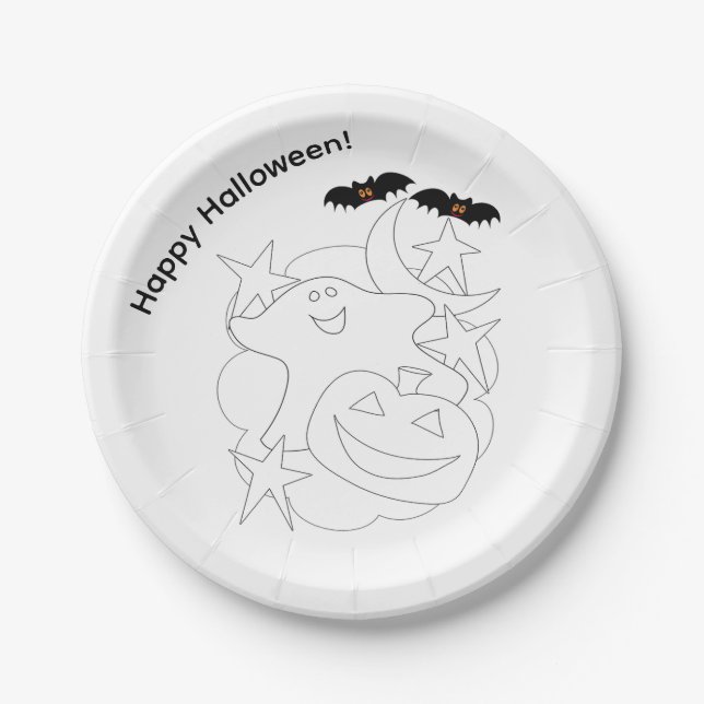 Cute Ghost Pumpkin Bats Colour Me Halloween Paper Plate (Front)