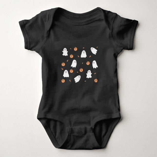Cute Ghost & Pumpkin Black Halloween Pattern Baby Bodysuit (Front)