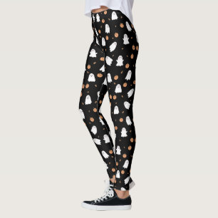 Cute Ghost & Pumpkin Black Halloween Pattern Leggings