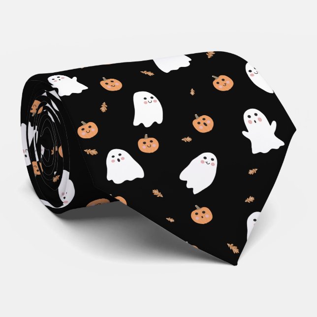 Cute Ghost & Pumpkin Black Halloween Pattern Tie (Rolled)