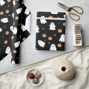 Cute Ghost & Pumpkin Black Halloween Pattern Wrapping Paper