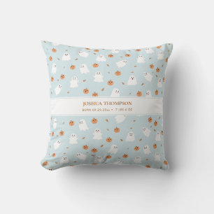 Cute Ghost Pumpkin Blue Boy Halloween Birth Stats Throw Pillow