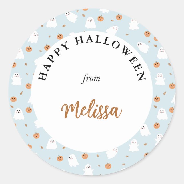 Cute Ghost & Pumpkin Blue Halloween Pattern Classic Round Sticker (Front)