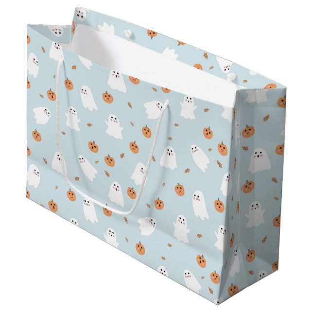 Cute Ghost & Pumpkin Blue Halloween Pattern Large Gift Bag (Front Angled)