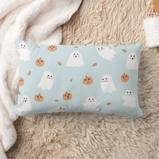 Cute Ghost & Pumpkin Blue Halloween Pattern Lumbar Pillow (Blanket)