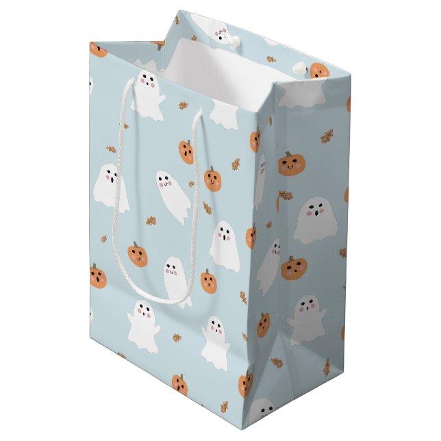Cute Ghost & Pumpkin Blue Halloween Pattern Medium Gift Bag (Front Angled)